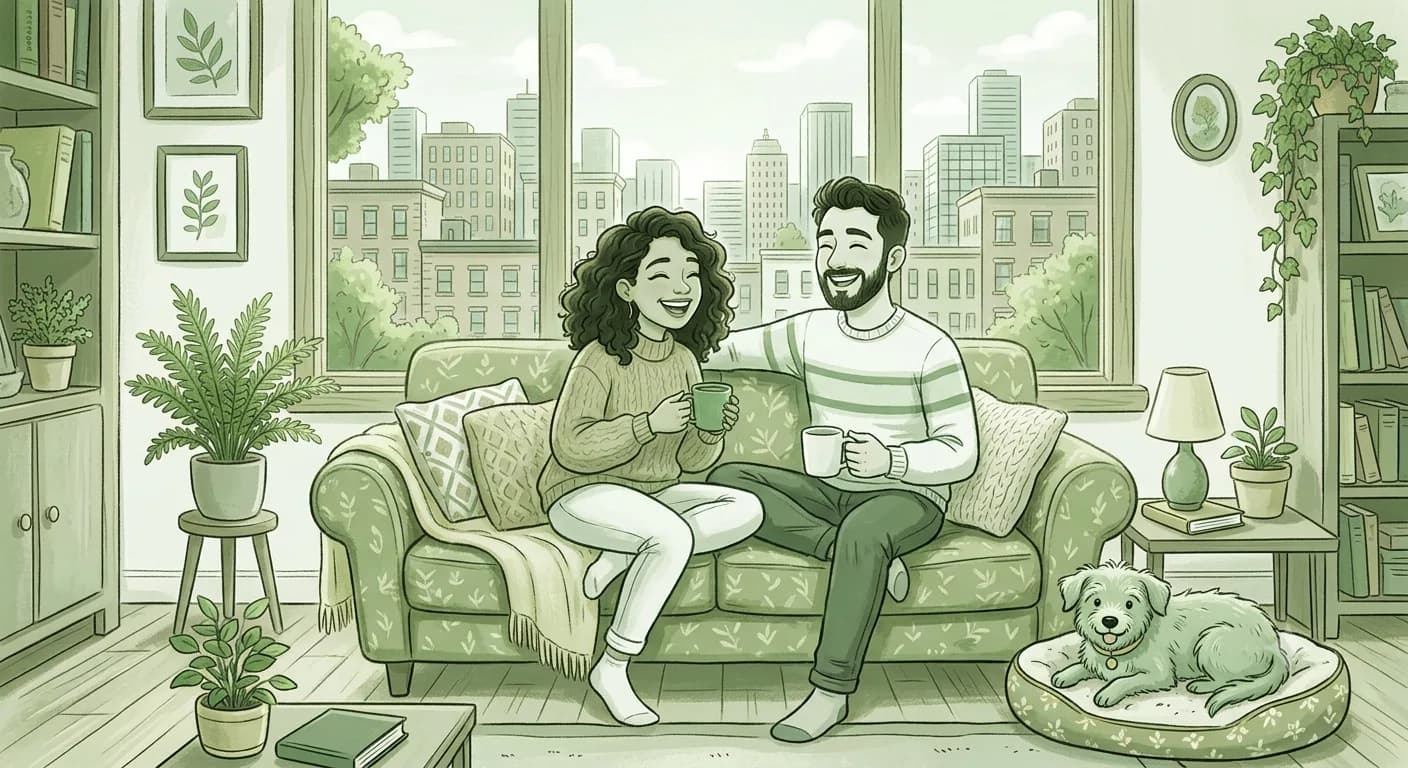 Couple relaxing at home with their dog
